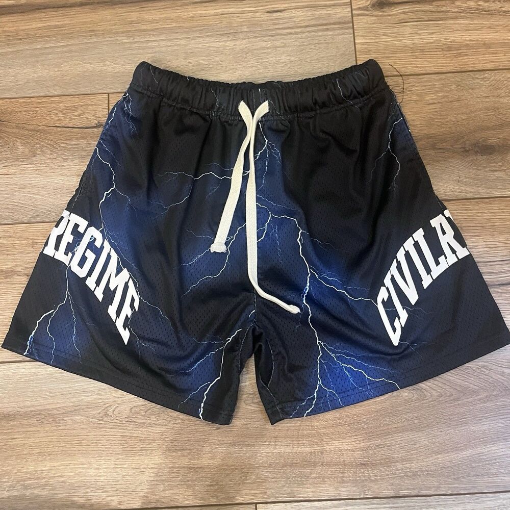 Civil Regime Mesh Athletic Shorts Black Lightning Bolt Running Men's Size Small